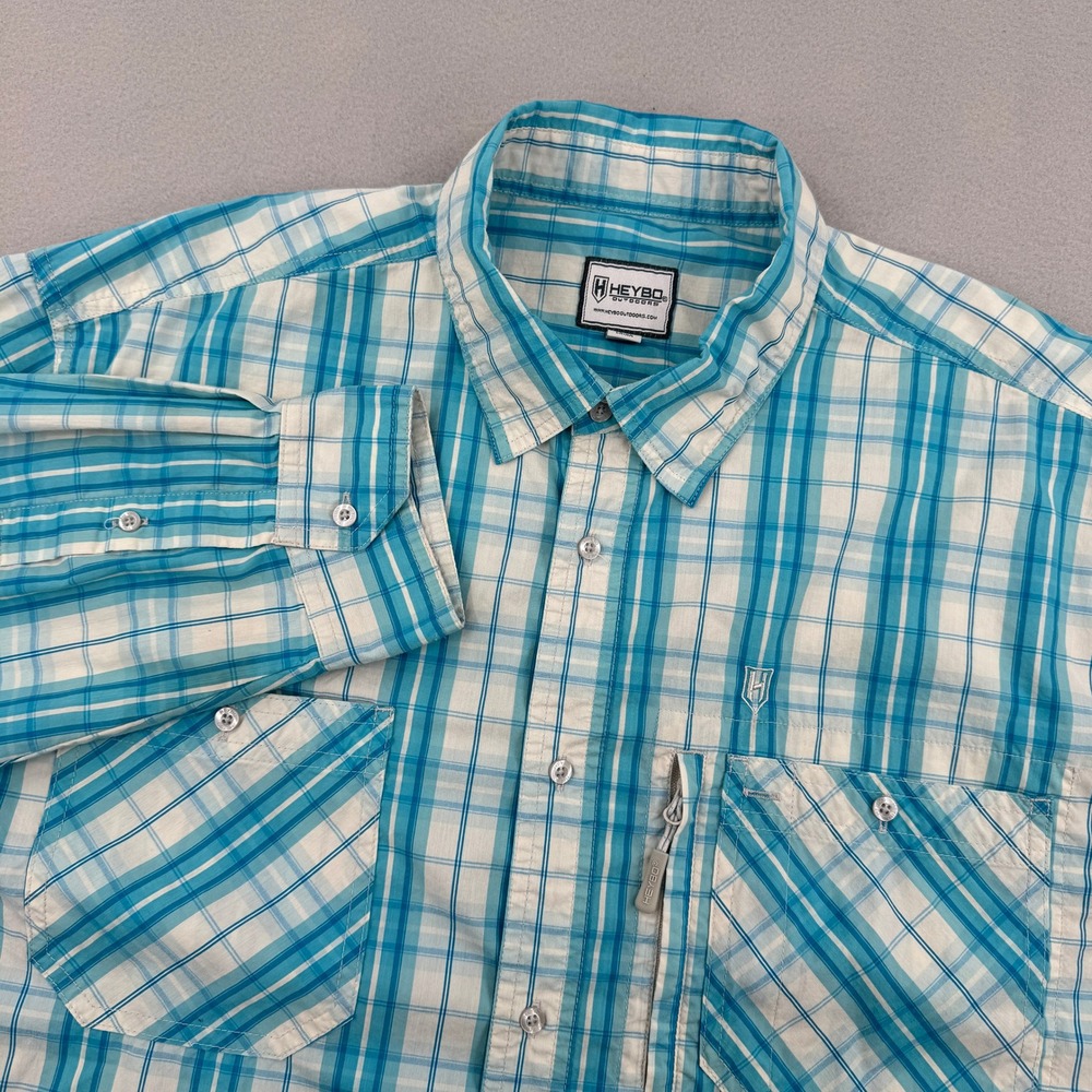 Heybo Outdoors Mens L Long Sleeve Plaid Fishing Shirt Teal Blue Utility Pockets